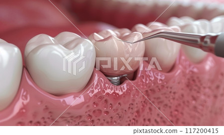 Dental Implant Procedure Close-Up. Close-up of a dental implant procedure, showing the detailed process of implanting a tooth in the gum. Dental Implant Procedure Close-Up. Close-up of a dental implant procedure, showing the detailed process of implanting a tooth in the gum. 117200415