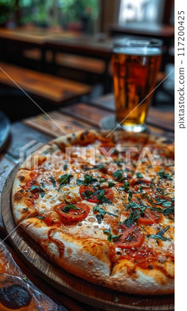 Pepperoni pizza with basil and glass of beer on wooden table. Food and dining concept. 117200425