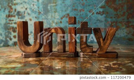 Wooden Mahogany Collaborative teamwork concept art poster. 117200479