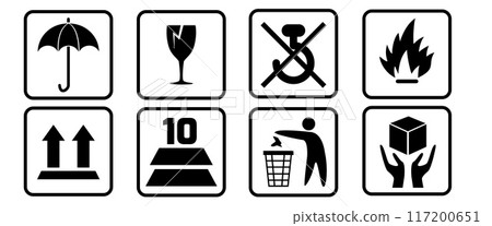 Fragile, recycle, Handle with care, This side up, Indoor use only. 117200651