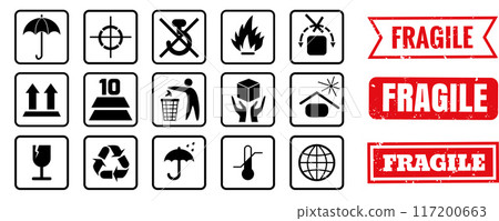 Fragile Sticker sign. easy to modify. Isolated on transparent. Fragile, recycle, Handle with care, This side up Fragile Sticker sign. easy to modify. Isolated on transparent. Fragile, recycle, Handle with care, This side up 117200663