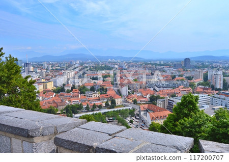 Travel to Europe during summer on holiday, Ljubljana in Slovenia. Top destination. Panoramic view 117200707