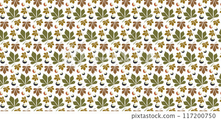 Autumn forest leaves seamless pattern. Flat Cartoon Vector Background Illustration with Isolated botany Forest Elements. Design Art template for Wallpaper, Wrapping, Banner, Textile, Cover 117200750