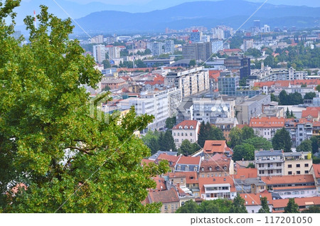 Travel to Europe during summer on holiday, Ljubljana in Slovenia. Top destination. Panoramic view 117201050