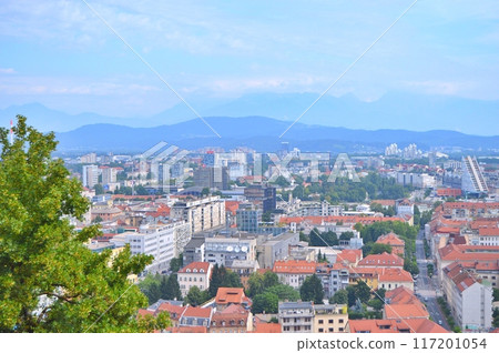 Travel to Europe during summer on holiday, Ljubljana in Slovenia. Top destination. Panoramic view 117201054