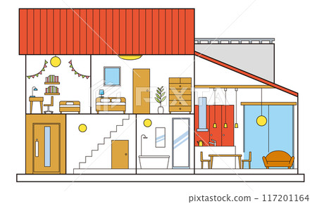 Illustration of a simple open-ceiling house, detached house, cross section of a house, two-story house, white background 117201164