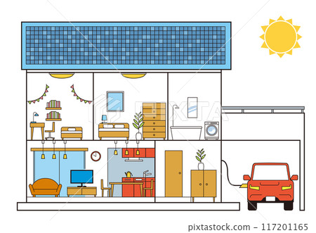房屋、獨立式房屋、兩層房屋、停車場和電動車的橫斷面插圖，白色背景 117201165