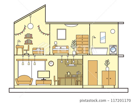 Illustration of a simple house, detached house, cross section of a house, two-story, white background Illustration of a simple house, detached house, cross section of a house, two-story, white background 117201170