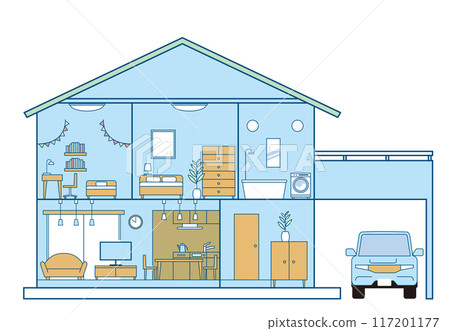 簡單房屋、獨立房屋、房屋、兩層汽車、白色背景的橫斷面插圖 117201177
