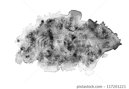 Abstract grunge textured black watercolor stain. Mysterious dynamic isolated ink blob, dark thunderous cloud concept for texture, black friday banner design 117201221