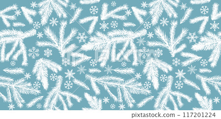 Seamless pattern with snowflakes and fir branches. hand drawing. Not AI, Vector illustrations. 117201224