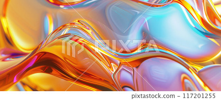 Liquid glass texture background, shiny iridescent waves, abstract pattern with yellow gradient. Theme of color, wallpaper, splash, water, paint 117201255