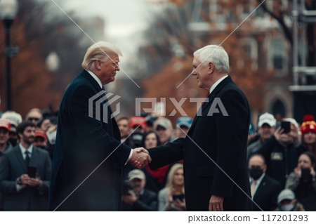 two politicians shaking hands against the backdrop of people two politicians shaking hands against the backdrop of people 117201293