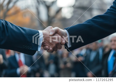 two politicians shaking hands against the backdrop of people 117201295
