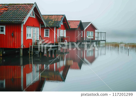 red houses on pillars on a lake 117201299