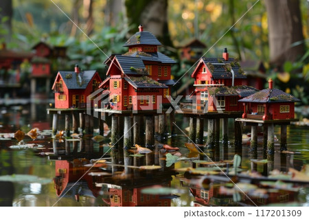 red toy houses lego style on pillars on a lake 117201309
