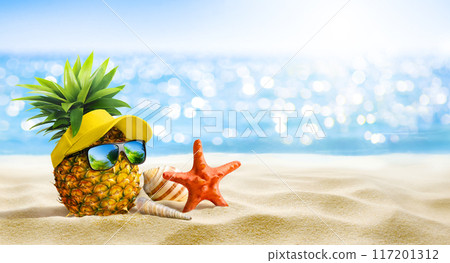 Enjoy a vibrant Pineapple themed Beach Vacation with cheerful Starfish and stylish Sunglasses 117201312