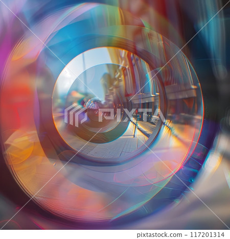 view through a lens on a city street 117201314