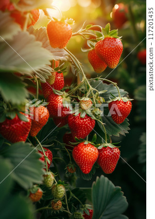 Selective focus of Strawberry fruit at the strawberry tree on the farm. 117201435