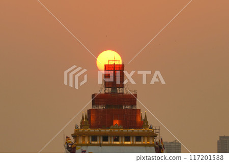 Evening view of Wat Saket, Temple of the Golden Mount, Bangkok, Thailand Evening view of Wat Saket, Temple of the Golden Mount, Bangkok, Thailand 117201588