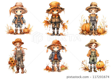 Six Adorable Cartoon Children Dressed in Autumnal Attire 117201674