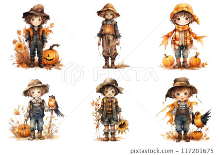 Six Adorable Cartoon Children Dressed in Autumnal Outfits 117201675