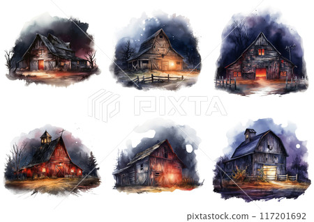 Six Watercolor Paintings of Rustic Barns at Night 117201692