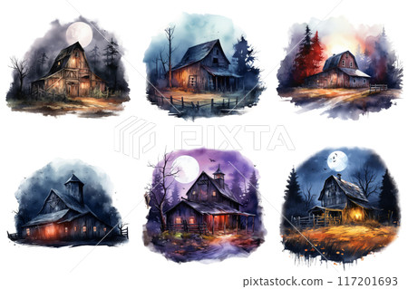 Six Watercolor Paintings of Rustic Barns Under Moonlit Skies Six Watercolor Paintings of Rustic Barns Under Moonlit Skies 117201693