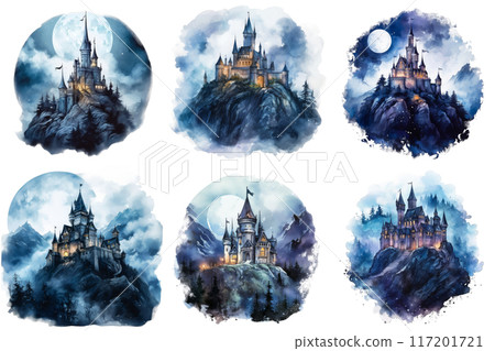 Six Watercolor Paintings of a Castle on a Mountaintop 117201721