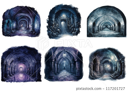 Six depictions of a dark and ominous stone archway corridor 117201727