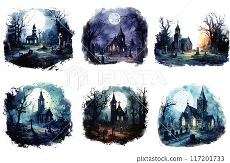 Six Watercolor Paintings Depicting a Church in a Graveyard at Night 117201733