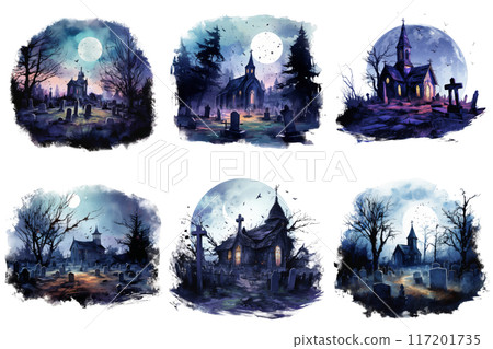 Six Watercolor Paintings of a Church in a Graveyard at Night 117201735