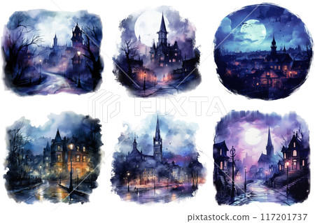 Six Watercolor Paintings of a Town at Night with a Full Moon Six Watercolor Paintings of a Town at Night with a Full Moon 117201737