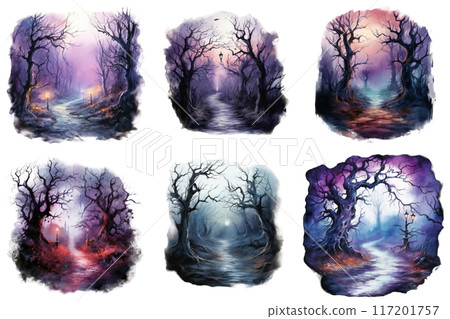 Six Watercolor Paintings Depicting Mystical Forest Paths 117201757