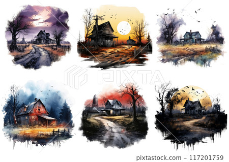 Six Watercolor Paintings of Houses in a Rural Setting 117201759