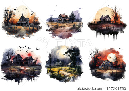 Six Watercolor Paintings of Haunted Houses in Rural Landscapes 117201760