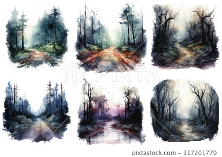 Six Watercolor Paintings Depicting Misty Forest Paths Six Watercolor Paintings Depicting Misty Forest Paths 117201770