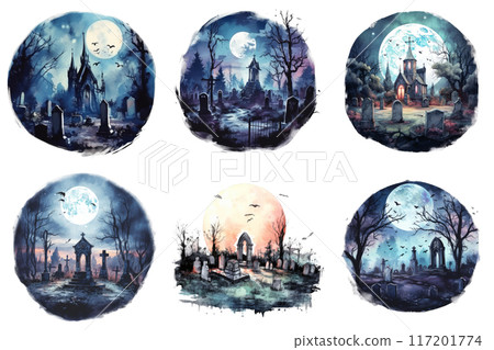 Six Watercolor Paintings of a Graveyard at Night 117201774