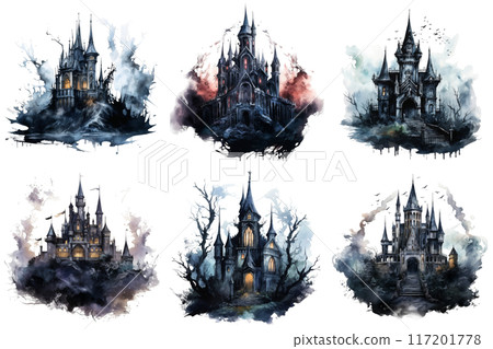 Six Enchanting Gothic Castles Set Against a Watercolor Background 117201778