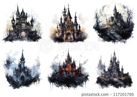 Six Watercolor Illustrations of Dark Castles with Dramatic Lighting and Details 117201780