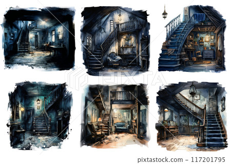 Six Different Views of an Old, Rustic House Interior Six Different Views of an Old, Rustic House Interior 117201795