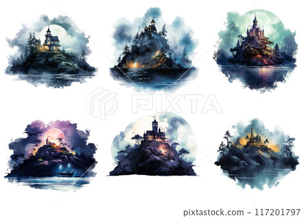 Six Watercolor Illustrations of Castles on Islands Six Watercolor Illustrations of Castles on Islands 117201797