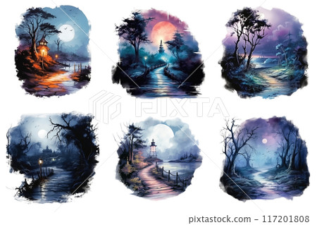 Six Surreal Nighttime Landscapes with Moonlit Pathways and Structures 117201808