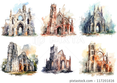 Six Watercolor Paintings Depicting Gothic Cathedrals in Various States of Repair Six Watercolor Paintings Depicting Gothic Cathedrals in Various States of Repair 117201816