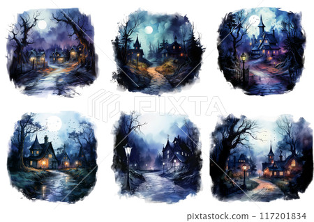 Six Watercolor Paintings Depicting a Mystical Village Under a Full Moon 117201834