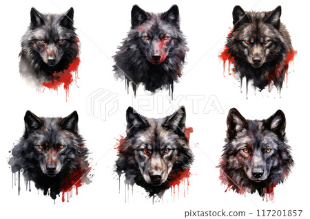 Six Watercolor Wolf Portraits with Red Splatters 117201857