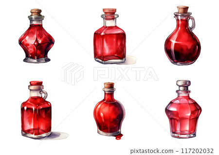 Six Watercolor Bottles of Red Potion with Glass and Cork Stoppers Six Watercolor Bottles of Red Potion with Glass and Cork Stoppers 117202032