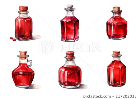 Six Watercolor Illustrations of Red Potions in Glass Bottles 117202033