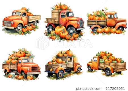 Six Vintage Trucks Loaded with Pumpkins 117202051