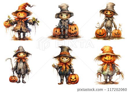 Six Halloween Scarecrow Figures with Jack-O-Lanterns 117202060